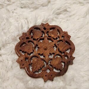 Hand-Carved Wooden Trivet Pair - Vintage Boho Style Made In India Leaf Design 6